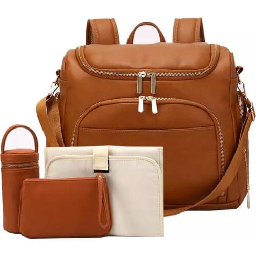 PU Leather Baby Nappy Diaper Bag Backpack+Changing Pad+Stroller Straps+Insulation bag+Cosmetic bag