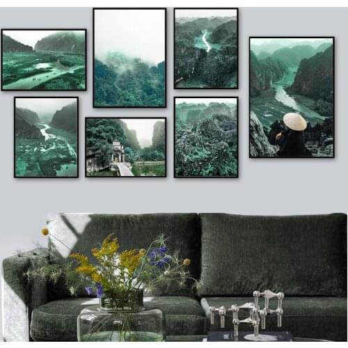 Mountains Rivers Building Man Forest Fog Wall Art Canvas Painting Nordic Posters And Prints Wall Pictures For Living Room Decor