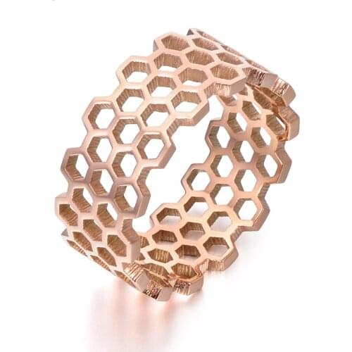 Original Design Titanium Steel Hollow Hexagonal Geometric Ring Rose Gold Color Trendy Rings Jewelry For Women R17143