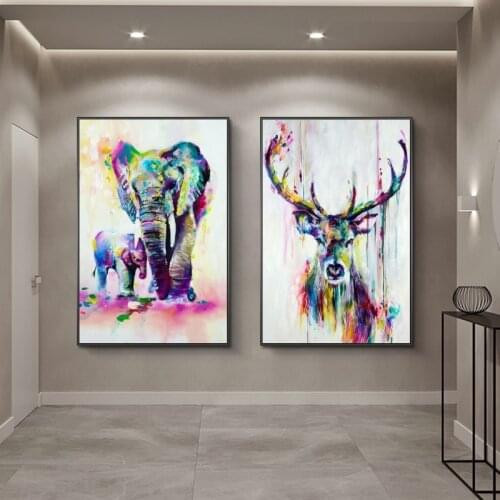 Colorful Deer and Elephant Family Canvas Paintings on The Wall Art Posters and Prints Nordic Animals Art Pictures for Home Decor