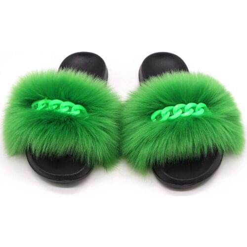 Summer Ladies Fur Slippers Women Faux Fox Sandals Casual Beach Flat Furry Shoes Fluffy Flip Flops Chain Plush Raccoon Fur Slides