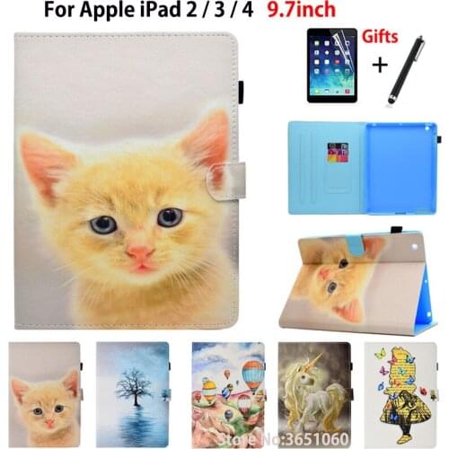 Fashion Cat Case For Apple iPad 2 3 4 Smart Cover For iPad4 iPad 3 iPad2 Funda Tablet PU Leather Flip Stand Shell +Stylus+film