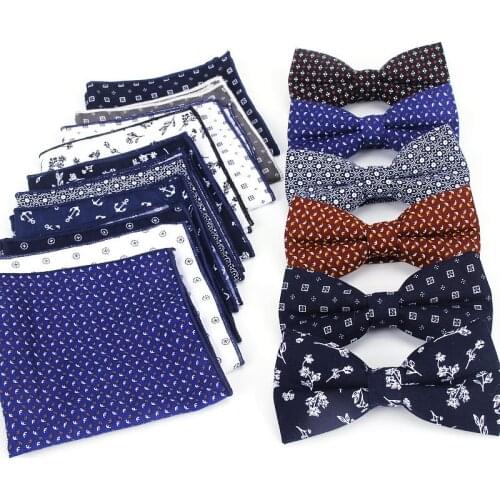 Fashions Mens Plaid Flower Printed Vintage Bowtie Pocket Squares Set For Man Bow Tie Handkerchief Set Wedding Vintage Necktie