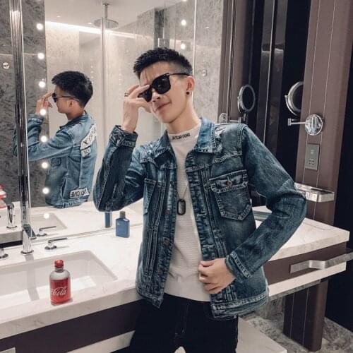 2020 Autumn Korean Bomber Men Mens Hip Hop Denim Letter Printed Broken Hole Jean Jacket Streetwear Coat