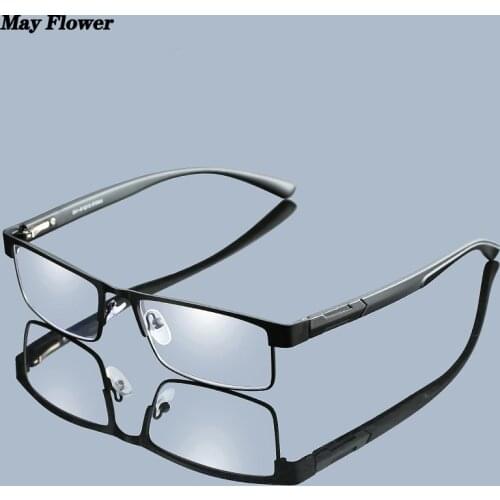 May Flower Reading Glasses Titanium Alloy Coated Lenses Presbyopic Eyewear Square Anti-Blue Spectacles Eyeglasses For Men+3.5+4