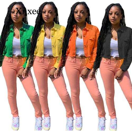 Autumn Crop Denim Jacket Women Fall Clothes Plus Size Bomber Coat Top Harajuku Ladies Outerwear Long Sleeve Cropped Jean green