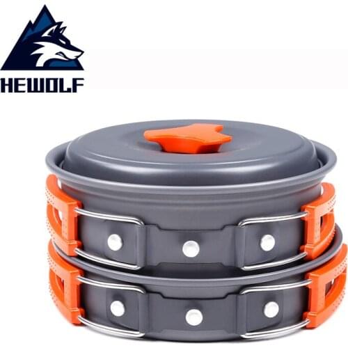 HEWOLF 1-2Person Camping Tableware Outdoor Cookware Picnic Set Portable Travel Tableware Cooking Hiking Picnic Bowl Pot Pan Kits