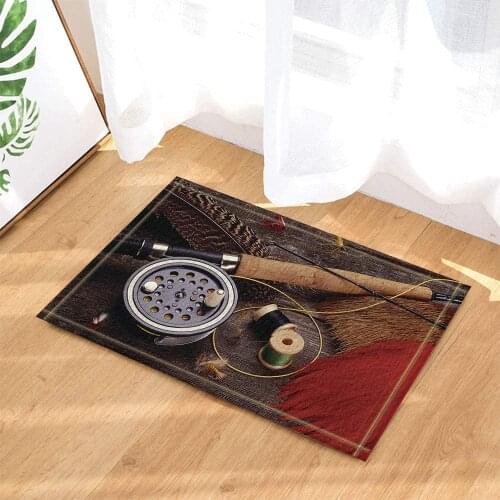 Fishing Tackle on Brown Background Black Green Fish Line bathroom door mat anti-skid floor indoor porch pad children 40X60CM