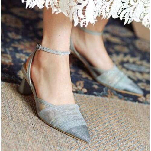 Fairy Sandals New Summer Womens High Heels Sandals Thick Heel Temperament Pointed Toe Sweet Mesh Toe Cap Sandals Pumps