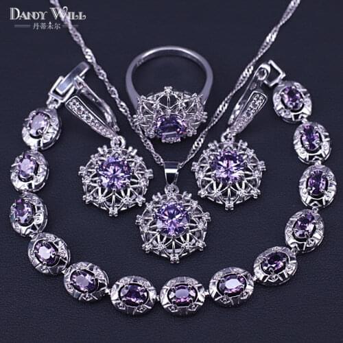 Earrings-Rings-Necklace Pendant Bracelet Silver Color Jewelry Set For Women Purple&White Zircon Bridal Jewelry Gift