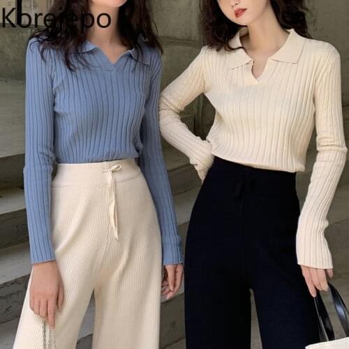 Korejepo Women Knitted Shirt 2021 Autumn Gentle Pullover Bottoming V-neck Sweater Long-sleeved Slim Temperament Blue Outer Wear