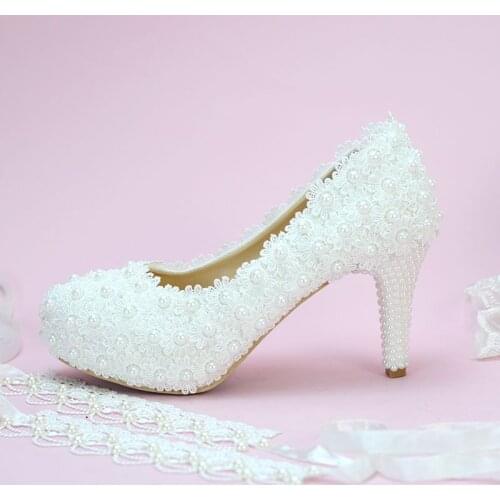 14cm/11cm/8cm full lace white pearls womens wedding shoes NQ002 handmade luxury ankle lace ribbons straps lady party dinner pump