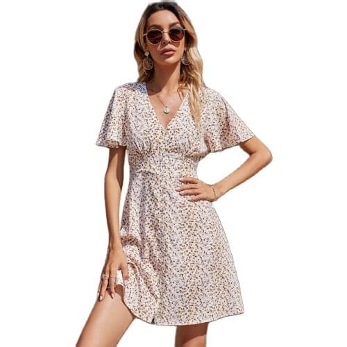 New Design Good Quality Factory Price Fashion Hot Selling Womens V-Neck High-Waist Button-Embellished Chiffon Dress