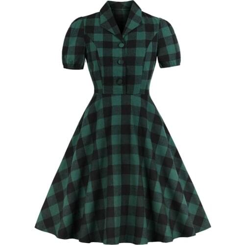 2021 Women Plus Size Gingham Vintage Dress Button Up 50s Robe Green Plaid Pinup Elegant Pocket Midi Dresses Casual Sundress
