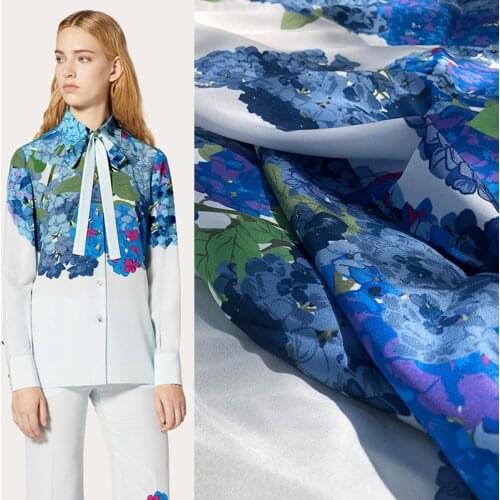 100x145cm Blue hydrangea Printed Imitate Double crepe or Twill Satin Fabric for Woman Blouse Summer Dress Pant DIY Sewing