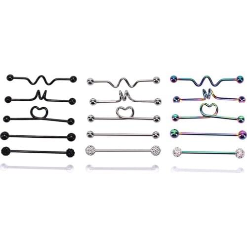 6Pcs/Set Industrial Barbell Earrings Heart Arrow Rainbow Stainless Steel Ear Cartilage Helix-Conch Piercing Jewelry