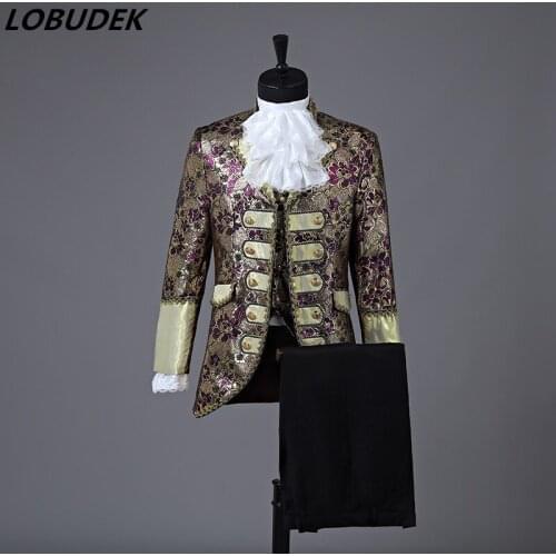 European Style Court Costume Mens Suits Purple Gray Blue Embroidery Blazers Wedding Host Singer Chorus Outfit Studio Wear