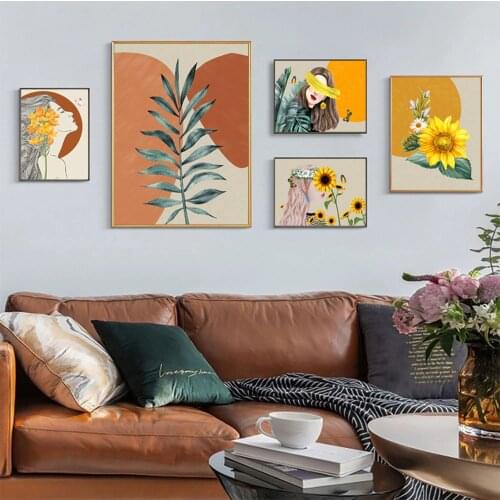 Colorful Art Beautiful Girl and Sunflower Wall Art Canvas Painting Nordic Posters and Prints Wall Pictures for Living Home Decor