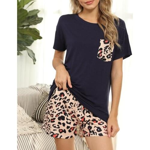 Summer Casual Two-piece Women Set Leopard Print O-neck Short Sleeve T Shirt Sexy Straight Shorts Loose Home Service Pants Suits