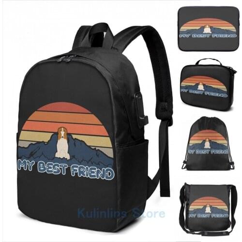 Graphic print My Best Friend Borzoi Borzoi Dog Sunset Mountain Grainy Artsy USB Charge Backpack men School Travel laptop bag