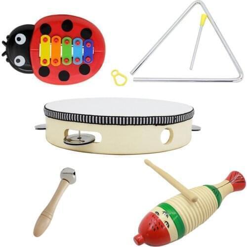 5pcs Orff Musical Instrument Set with Fish Frog+Hand Tambourine+Barbell+Music Triangle+Beetle Five-tone Aluminum Pannel Guitar