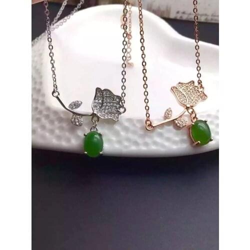 Natural green jasper Necklace natural gemstone Pendant Necklace S925 silver women Child Fashion Elegant Lotus flowers Jewelry