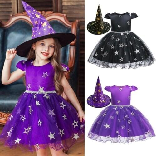 Boiiwant Festival Clothes Toddler Baby Girl Halloween Star Lace Dress Princess Party Pageant Tutu Dress Witch Hat 2Pcs Outfits