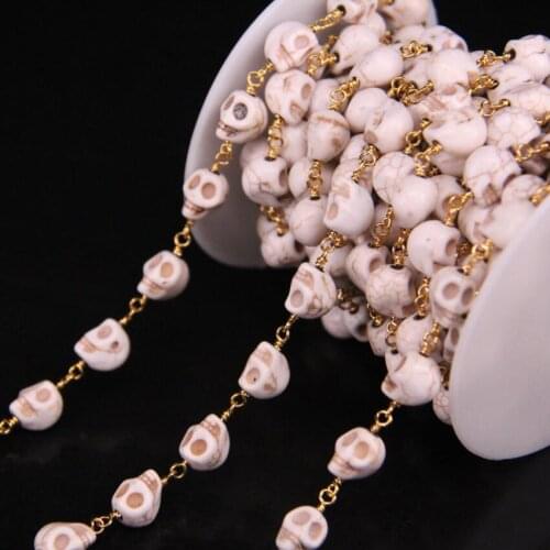 8x10mm Size,White Turquoises Rosary Style Chain,Skull Turquoises Gems Gold Color Brass Wire Wrapped Chains Necklace Jewelry
