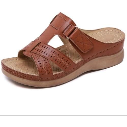 2021 Summer Women Wedge Sandals Premium Orthopedic Open Toe Sandals Vintage Anti-slip Leather Casual Female Platform Retro Shoes