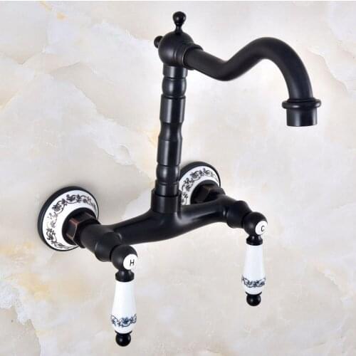 Kitchen Wet Bar Bathroom Vessel Sink Faucet Black Oil Rubbed Brass Wall Mounted Swivel Spout Mixer Tap Dual Ceramic Lever mnf830