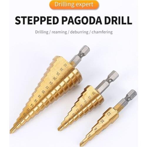 Hexagonal Handle 4241 High Speed Steel Stepped Pagoda Drill, 3-12/4-12/4-20/4-32mm Size Combination, 3-Piece Set In Cloth Bag
