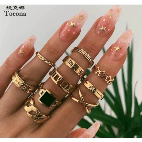 Tocona Luxury Shiny Square Crystal Stone Gold Rings for Women Men Charms Star Cross Geometric Alloy Boho Jewelry кольца 9071