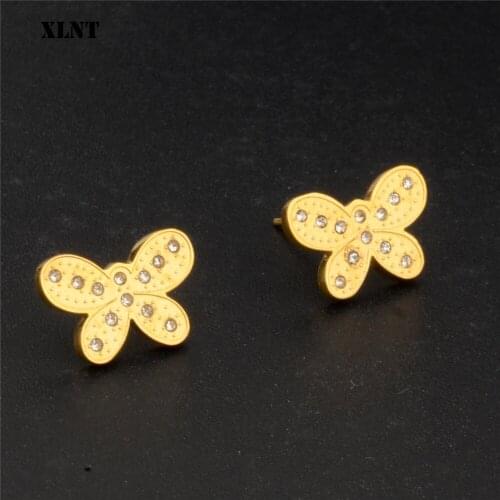 XLNT Butterfly Crystal Earrings For Women Dazzling Micro CZ Zircon Stainless Steel Stud Earring Christmas Gift Bijoux