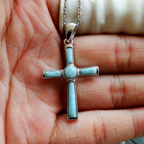 High Quality Jewelry Natural Larimar Cross Pendant in 925 Sterling Silver Womens Pendant Neckalce For Gift