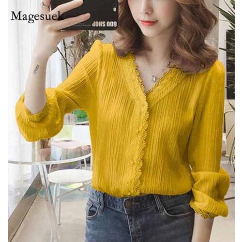2020 Autumn Striped Lace Tops Cardigan Plus Size White Yellow Shirt V-Neck Long Puff Sleeve Solid Womens Blouse Blusas 11087