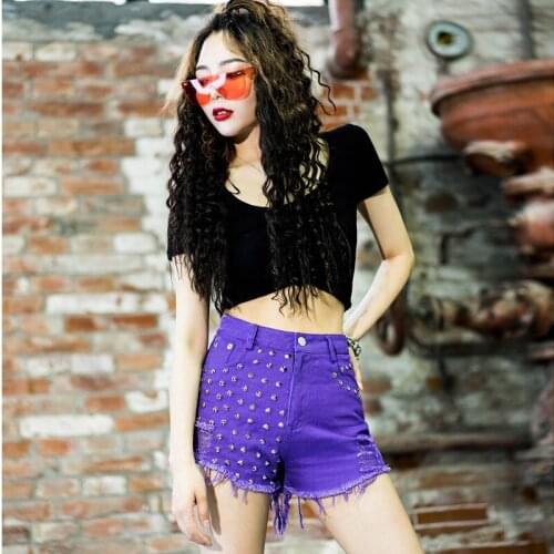 Summer Fashion Purple Red Rivet Denim Shorts Women Streetwear High Waist Ripped Mini Shorts Sexy Short Jeans Nightclub Shorts