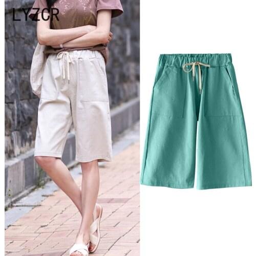 LYZCR High Waist Women Capris Pants Summer Plus Size 5XL Knee Length Pants For Women Loose Wide Leg Pants Female Trousers 2020