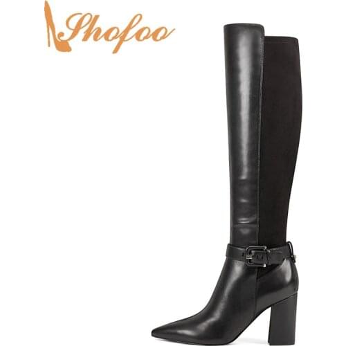 Black Patchwork Knee-High Riding Boots Chunky Heels Women Pointed Toe Large Size 15 16 Ladies Winter Fashion Mature Shoes Shofoo
