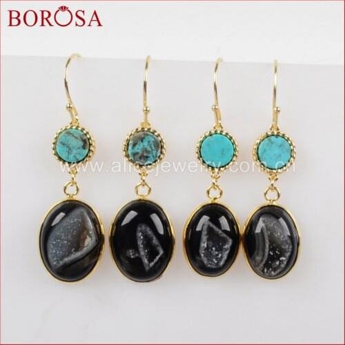 BOROSA Drop Earrings Jewelry Earrings for Women,Gold Bezel Round 100% Blue Natural Stone & Oval Black Onyx Stone Earrings ZG0149