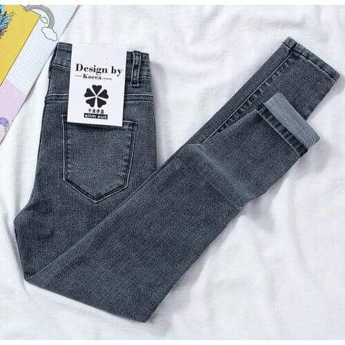 High Waist Skinny Jeans Woman 2021 New Fashion High Elastic Jean Female Show Thin Gray Blue Solid Denim Pants Woman Mom Jeans