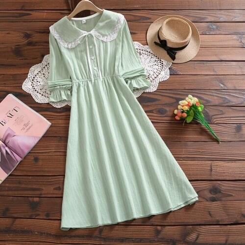 2020 New Autumn Women Literary Fairy Lace Stitching Doll Collar Waist Slimming Long-Sleeve Dress Mori Girl High Quality Dress