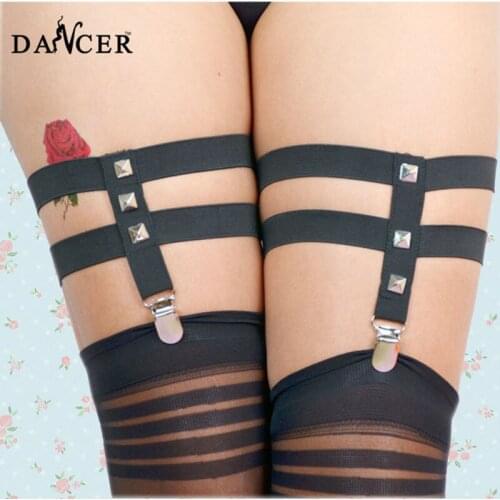 2 pcs Sexy rave clothes Punk Rock Studded Goth Harajuku Handmade fetish wear Elastic Garter Belt women garters and stocking