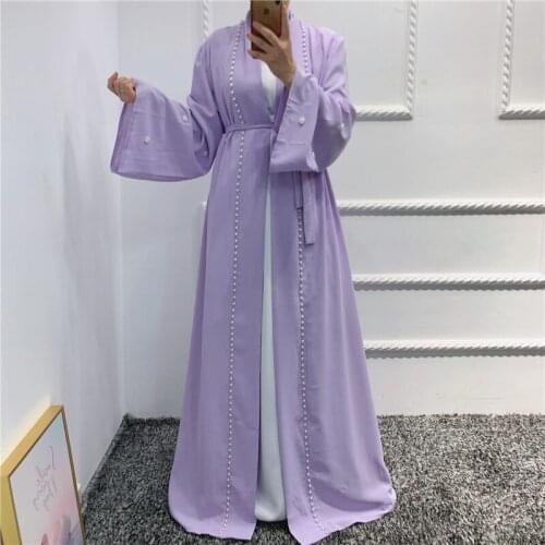 2021 Dubai Robe Pure Color Cardigan Dress Pearl Dress Cardigan Fresh Lady Style Lotus Leaf Sleeve Ladies Robe Muslim Kimono