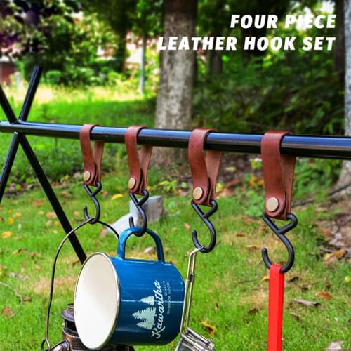 Outdoor Camping Leather Hook 4 Pack Kitchen Tableware Hanging Hook Portable Camping Tripod Clothes Storage Hanger Hook