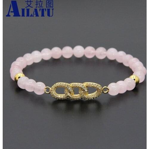 Ailatu 10pcs New Men Cz Jewelry Wholesale 6mm Natural Pink Crystal Stone Beads Micro Pave Zircon Beads Chain Beaded Bracelets