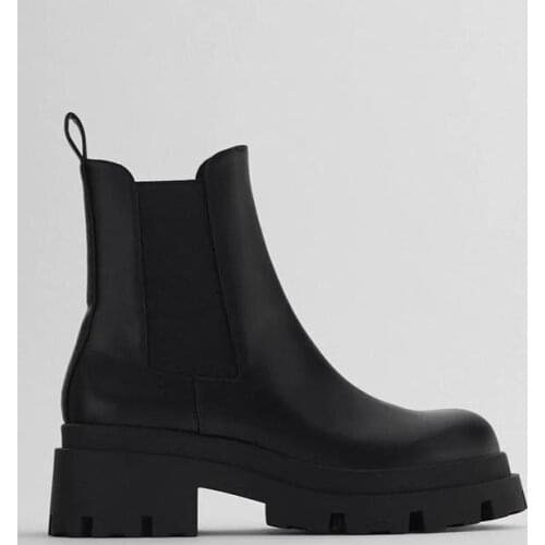 Thick-soled Platform Martin Boots Womens Shoes British Style Black Chelsea Boots Elastic Band Genuine Leather Botas Mujer