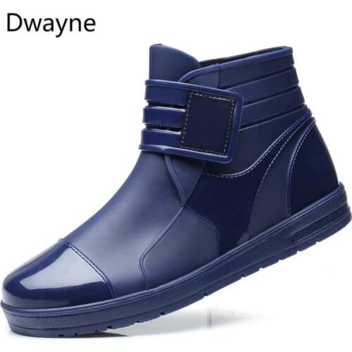 Fashion PVC Waterproof RainBoots Waterproof Flat Shoes Men Black Rainboots Blue Rubber Ankle Boots Buckle Botas