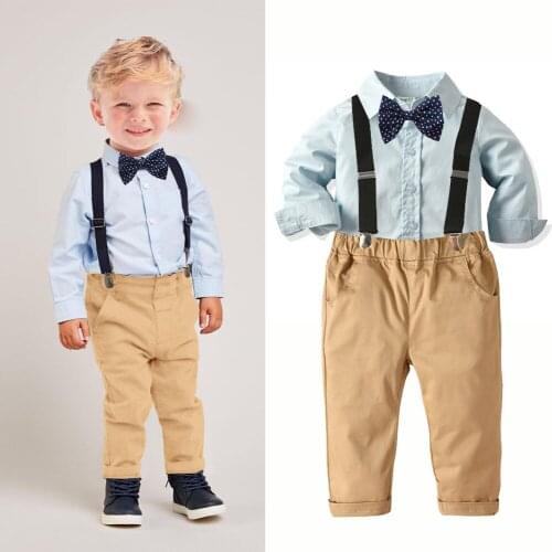 FOCUSNORM 0-6Y Gentleman Infant Kids Boys Clothes Sets Long Sleeve Solid Single Breasted Shirts Overalls Pants