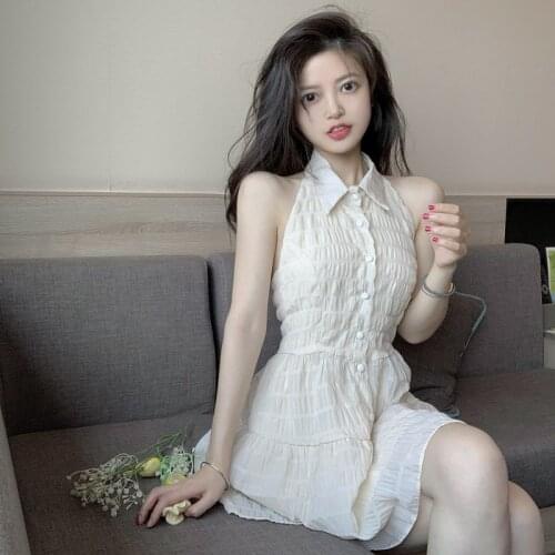 French halter neck bandage dress female summer 2021 new short mesh open back sweet dresses female