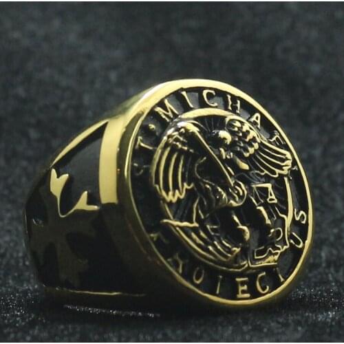 Unisex 316L Stainless Steel SAINT MICHAEL PROTECT US Cross Classic Angle Ring